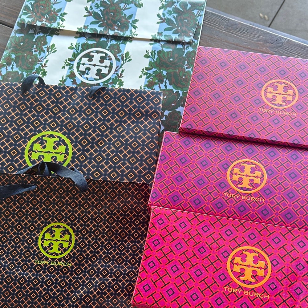 Tory Burch Patterned Gift Bags in Pink, Orange, and Green